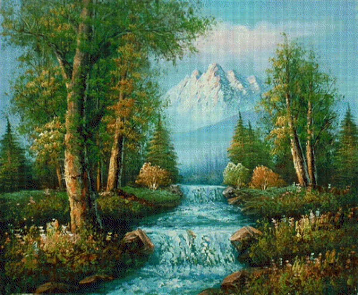 Пейзаж - вода, река, пейзаж, лес, живопись, лето, горы, деревья - предпросмотр