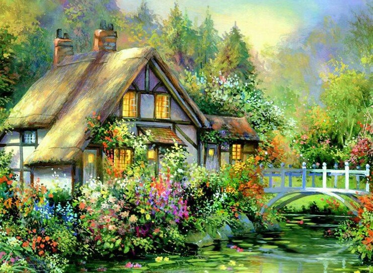 Домик - цветы, природа, мост, вода, домик, пейзаж - оригинал