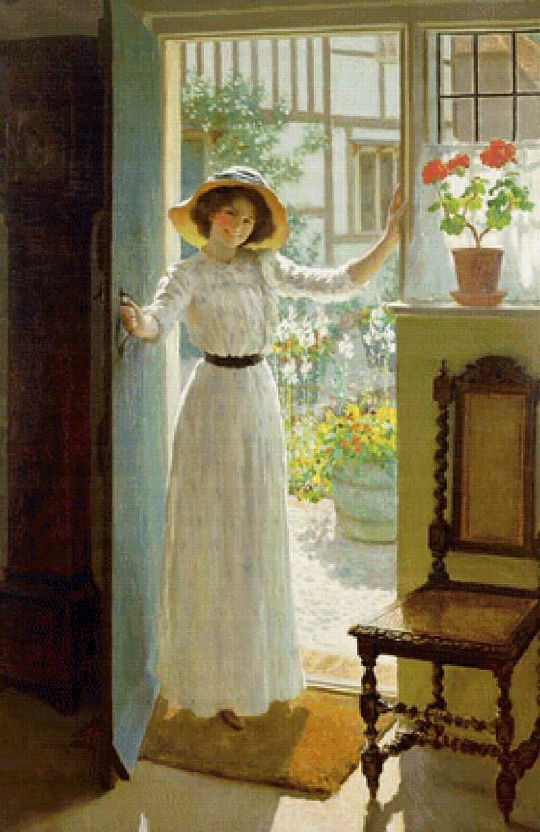 Девушка у двери. По картине Уильяма Генри Маргетсона - окно, девушка, стул, дверь - предпросмотр