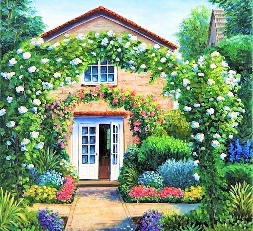 Дом в красивом саду - лето, сад, цветы, дом - оригинал