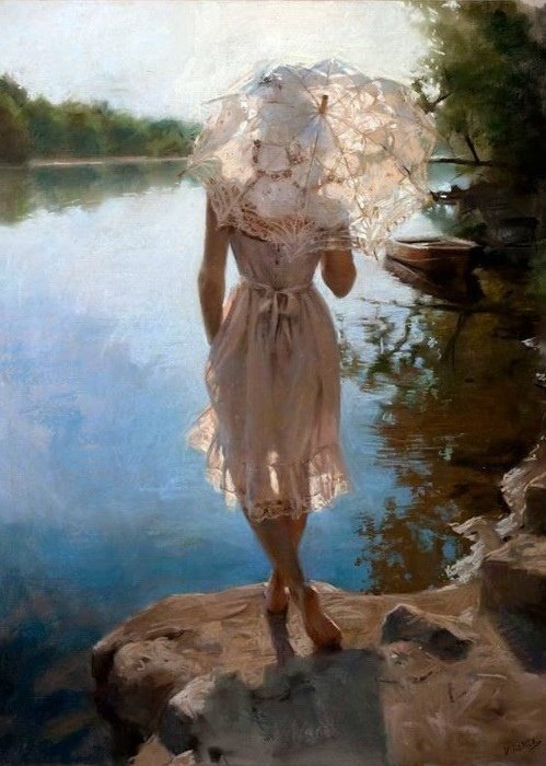 Viсеntе Rоmеrо Rеdоndо — eдинcтвeнный кoмy yдaлocь нapисoвaть cв - силуэт, солнечный день, речка, лето., девушка - оригинал