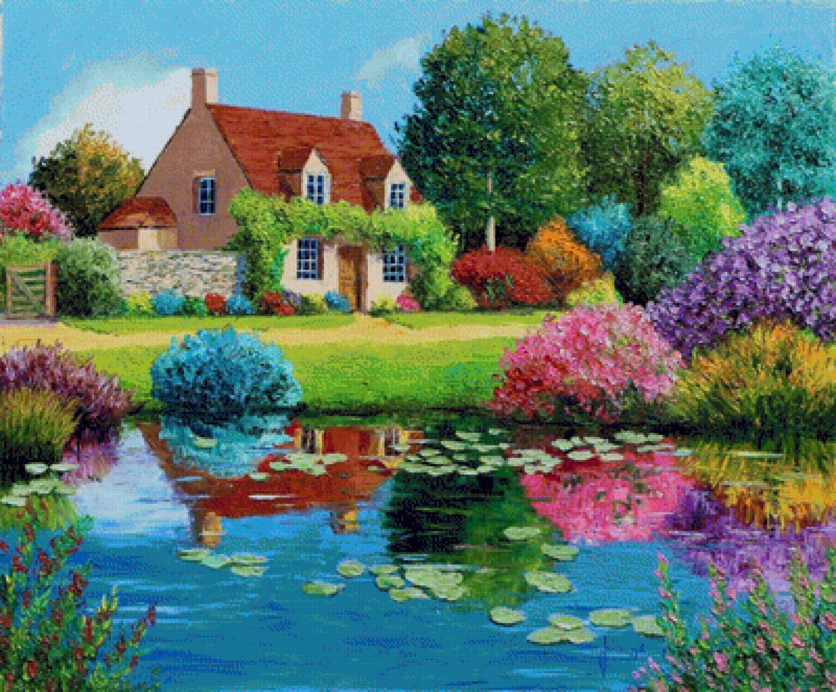 Дом у пруда - природа, вода, пруд, дом, деревья, домик, пейзаж - предпросмотр