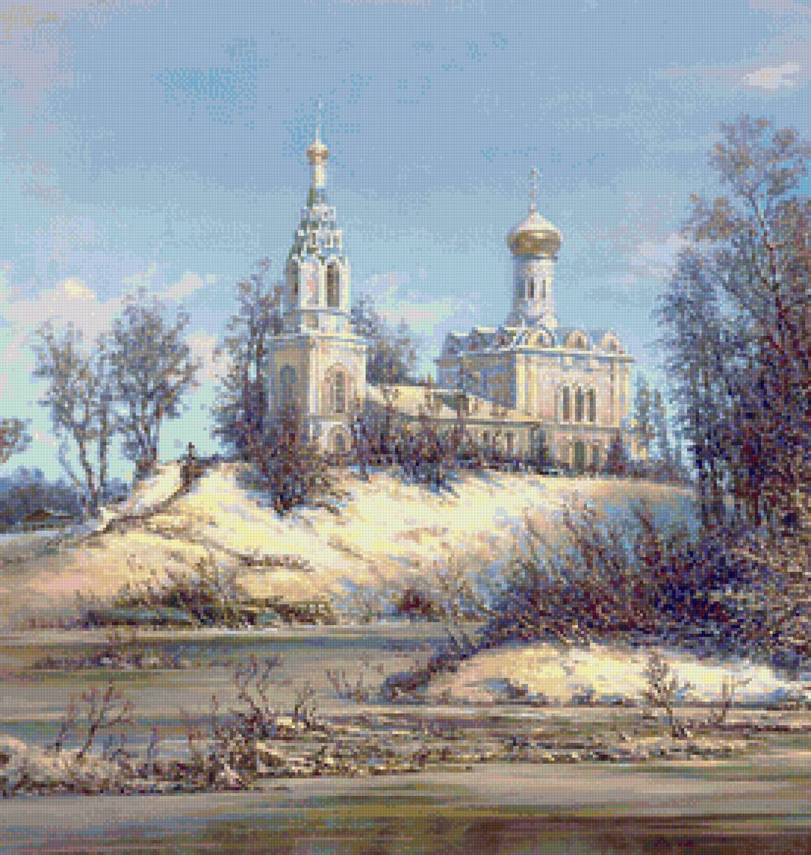 Худ. Панин Церковь - река, снег, пейзаж весна, церковь - предпросмотр