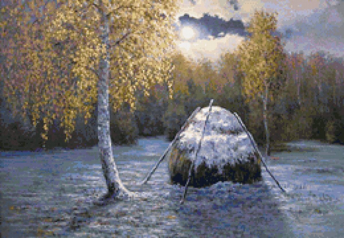 Полнолуние - пейзаж, осень, полнолуние, зима, ночь, стог - предпросмотр