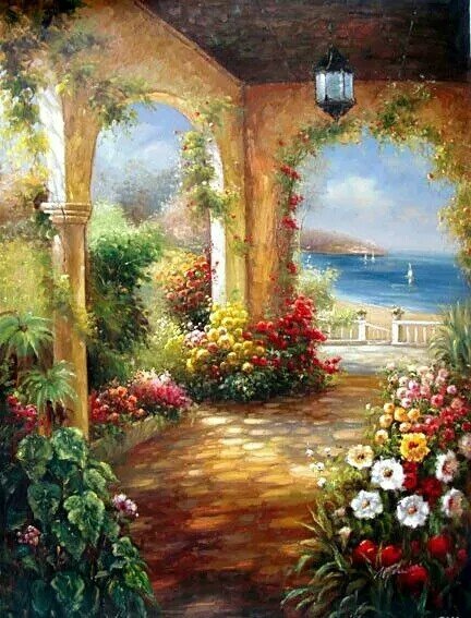 Пейзаж - пейзаж, цветы, живопись, море - оригинал