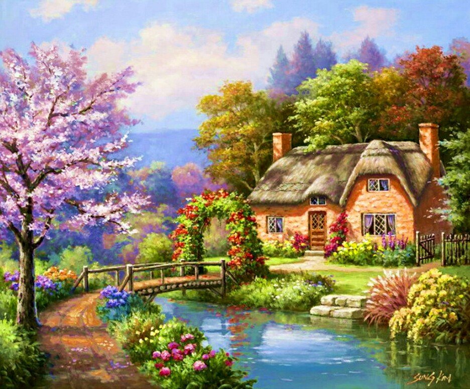 Домик у реки - вода, река, мост, дом, домик, природа, цвет, деревья, пейзаж - оригинал
