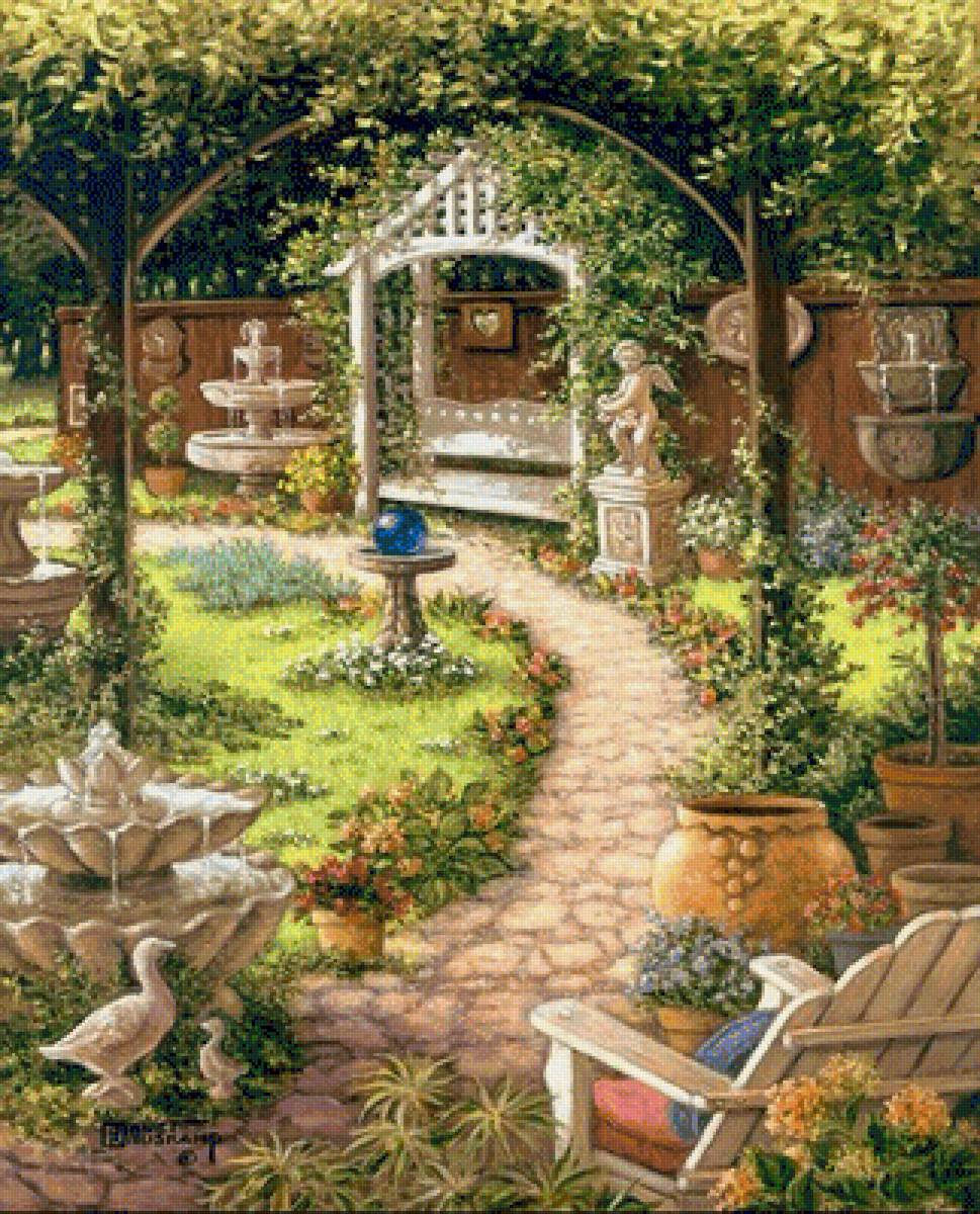 Дворик - природа, дворик, деревья, двор, статуи, фонтан, зелень - предпросмотр