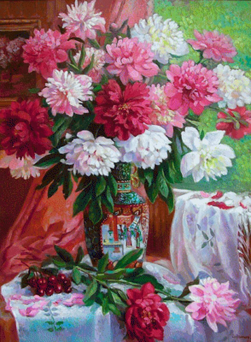 Натюрморт - букет, натюрморт, живопись, ваза, цветы, пионы - предпросмотр