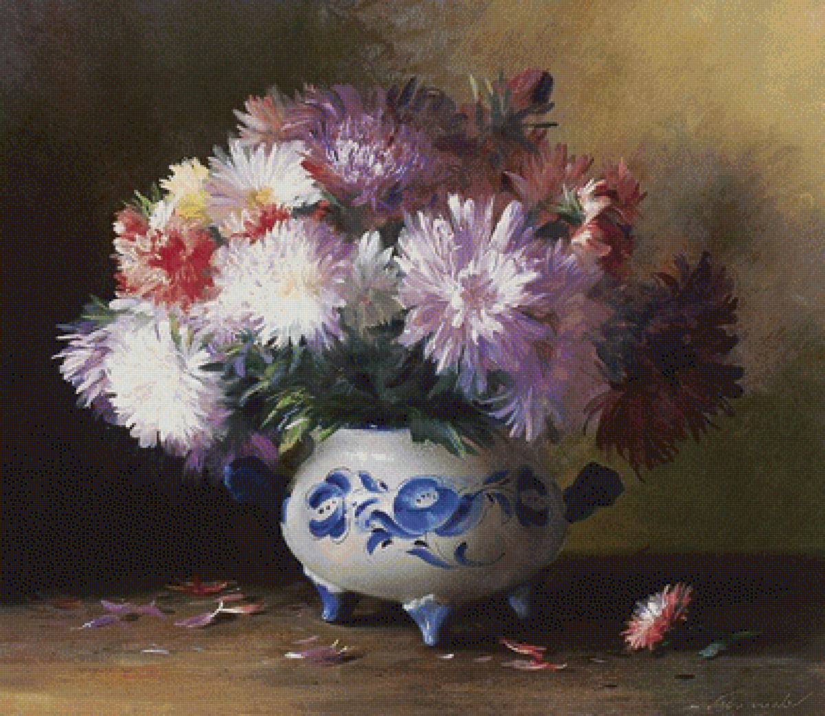 Натюрморт - ваза, букет, цветы, живопись, натюрморт, астры - предпросмотр