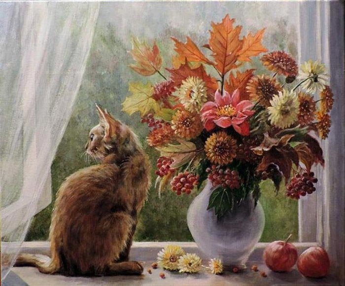 Кошка у окна - ваза, букет, кошка, окно - оригинал