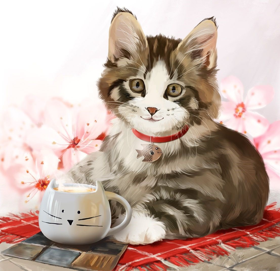 Кошечка - животные, коты, чашка, кошечка, рисунок, цветы, чай, кошка - оригинал