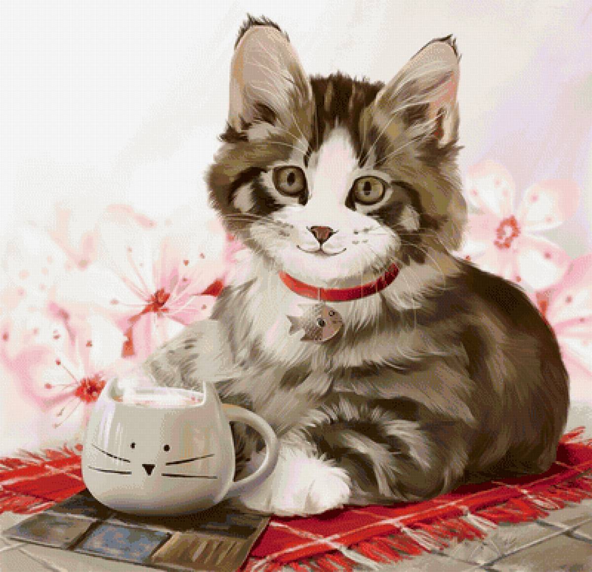 Кошечка - коты, кошка, чай, чашка, кошечка, цветы, животные, рисунок - предпросмотр