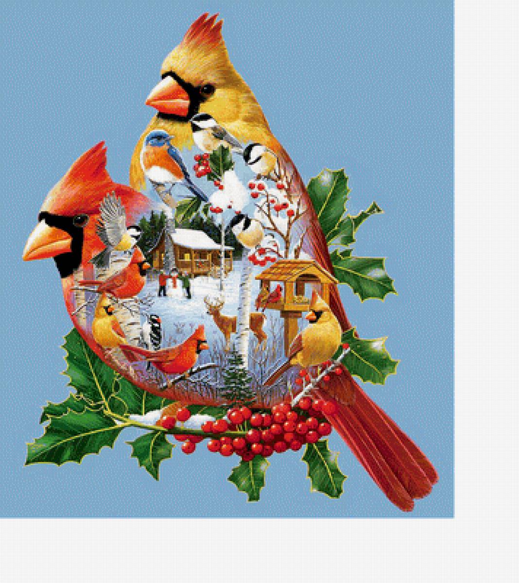 Зимняя - олень, птицы, домик, зима - предпросмотр