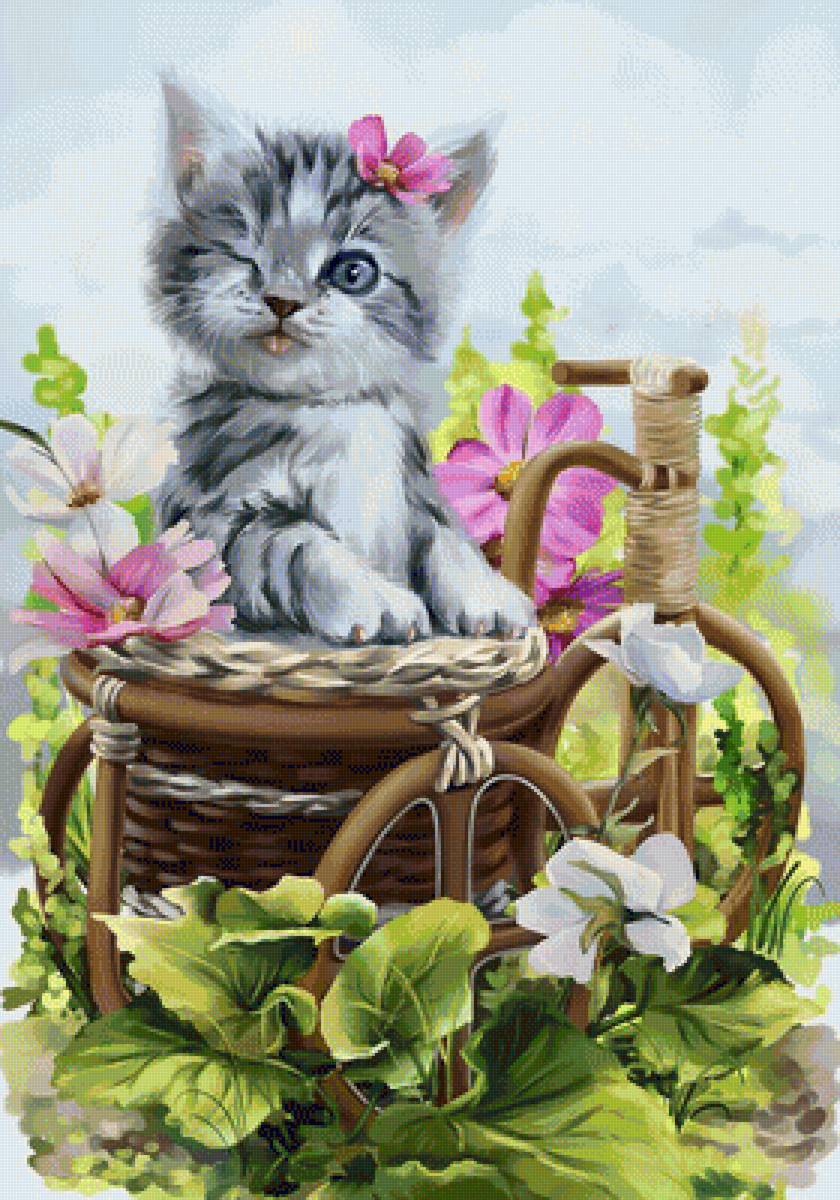 Летнее настроение - котенок, кот, животные, цветы, рисунок, лето, котик - предпросмотр