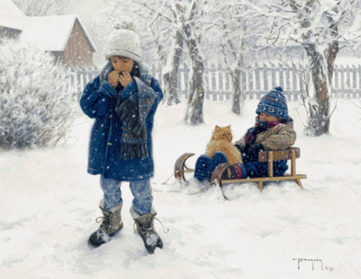 дети на санках с котом - мороз, зима, дети - предпросмотр