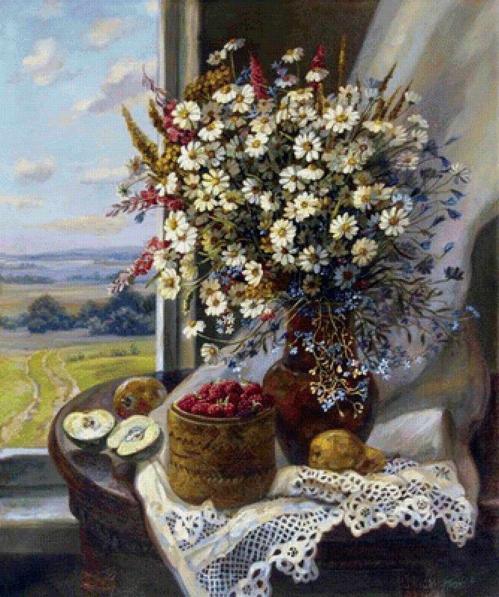 У окна - букет, окно, ваза, цветы - предпросмотр