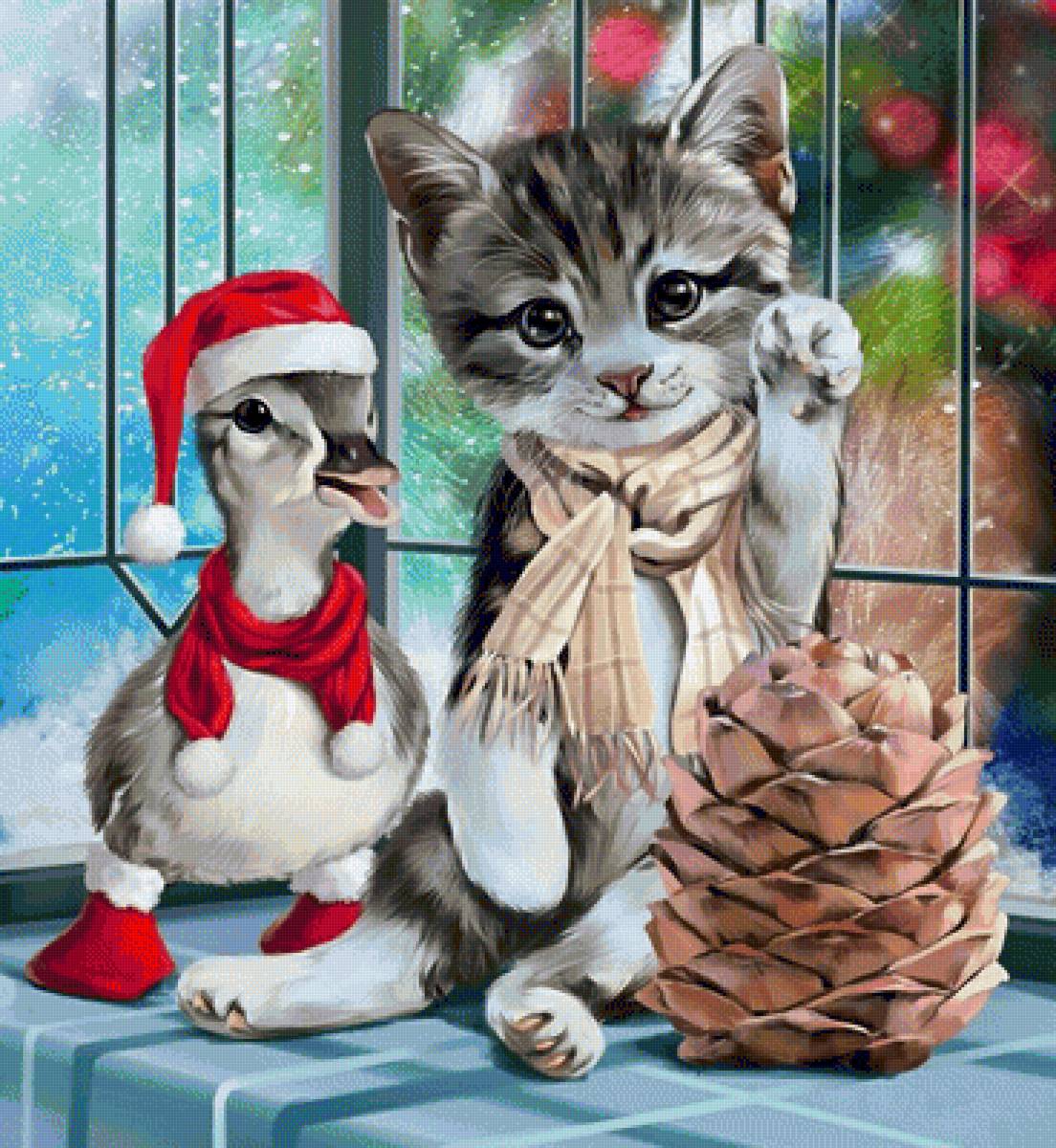 Котёнок - кот, котик, гусенок, рисунок, котенок, животные, зима - предпросмотр