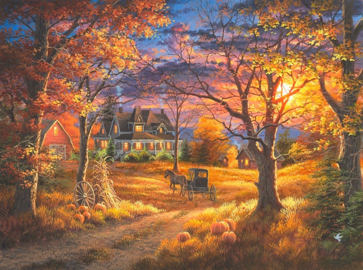 Осенний вечер - дом, усадьба, природа, живопись, картина, осень, вечер - оригинал