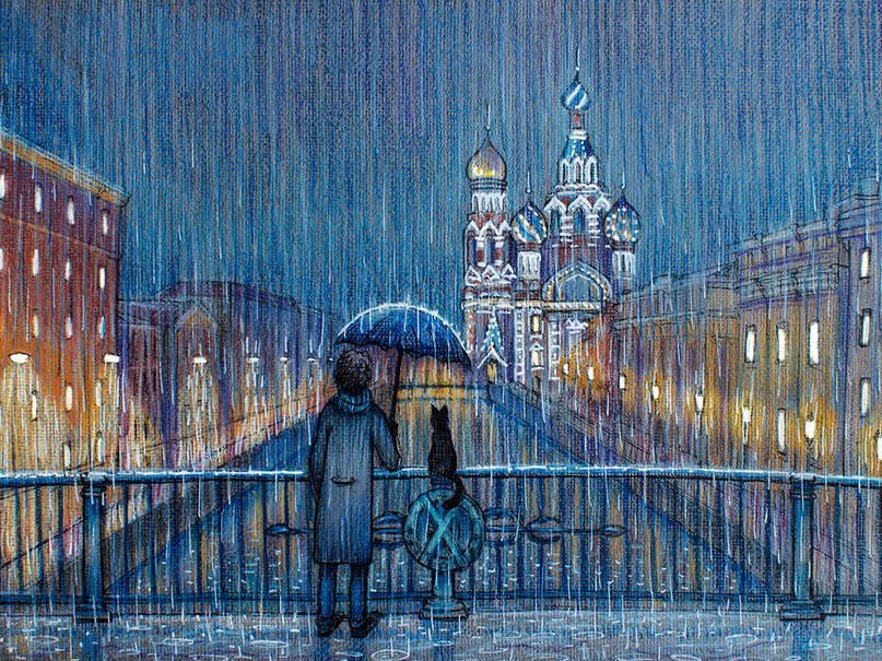 Ночная прогулка - город, канал, кот, зонтик, дождь, храм - оригинал