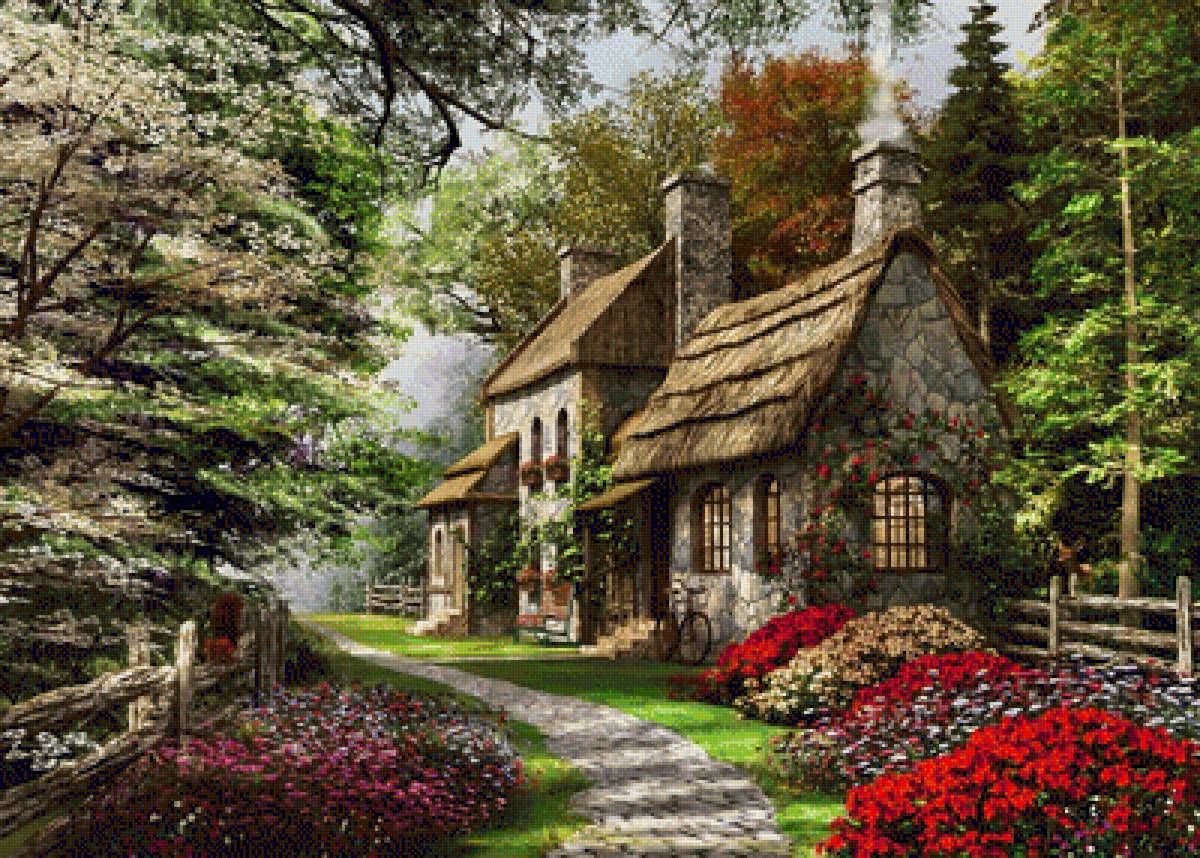 Домик в лесу - пейзаж, домик, картина, цветы, природа, дом, лес, живопись - предпросмотр
