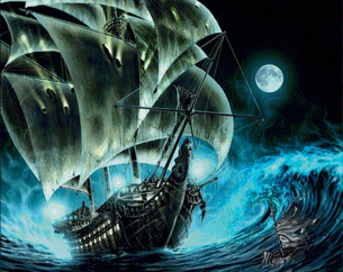 Корабль призрак - ночь, луна, корабль, волны, море - предпросмотр