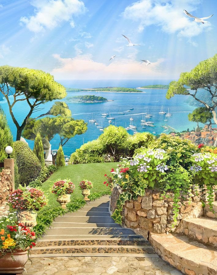 Солнечное побережье - деревья, побережье, море, пейзаж, чайки, цветы, природа, яхты - оригинал