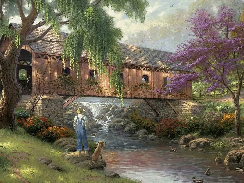 ТИХОЕ МЕСТО - мост, река, собака, рыбак - оригинал