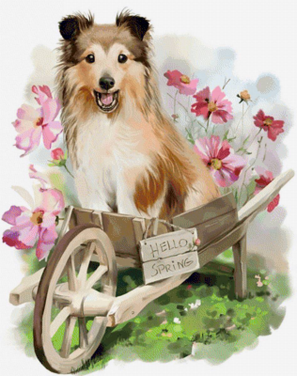 "Hello, spring!" - животные, питомец, цветы, друг, рисунок, собака, весна - предпросмотр