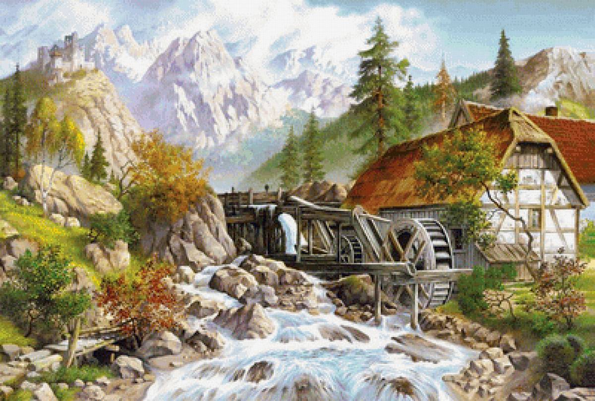 Горный пейзаж - природа, мельница, горы, река - предпросмотр