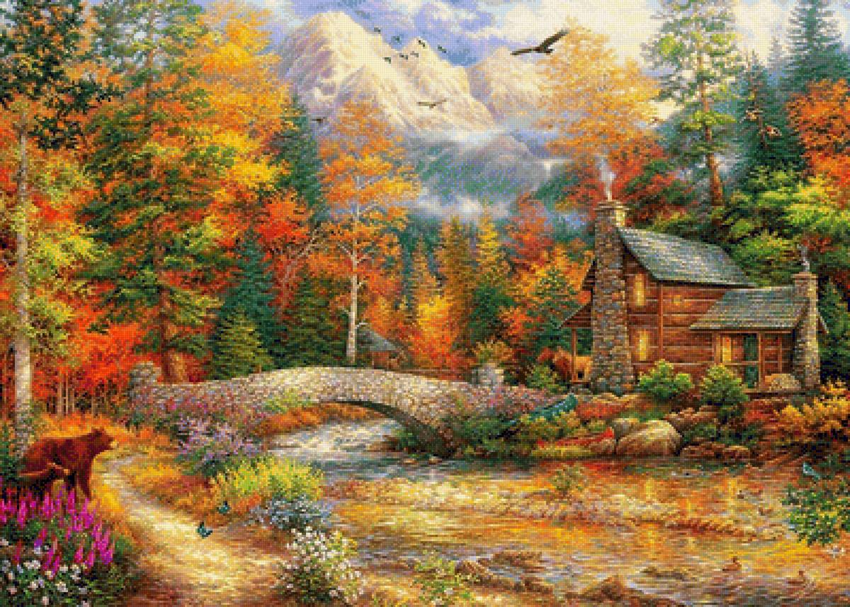 Домик в лесу - лес, картина, дом, природа, горы, живопись, осень, река - предпросмотр