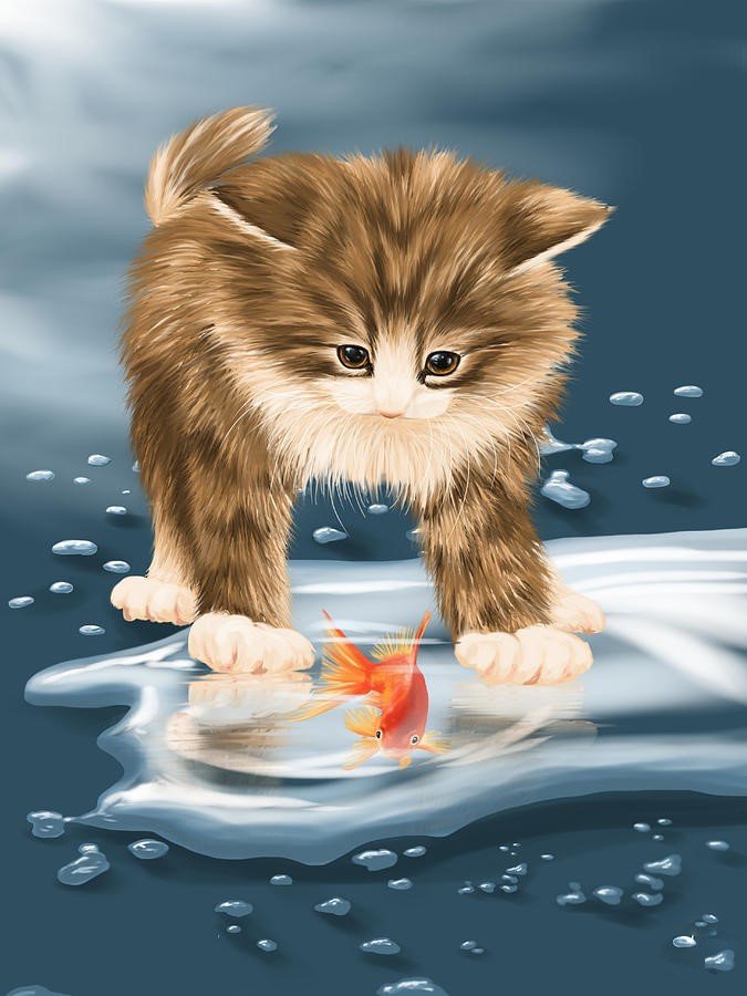 "Ловись, рыбка..." - рисунок, рыбка, котик, котенок, зима, животные, кот - оригинал