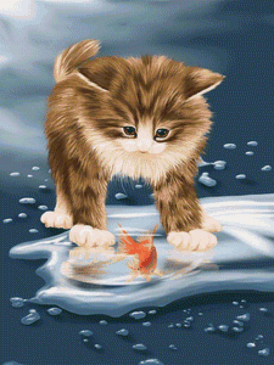 "Ловись, рыбка..." - зима, рисунок, котенок, кот, рыбка, котик, животные - предпросмотр