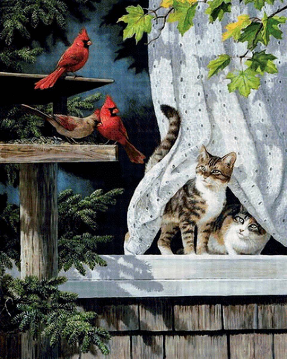 Котята - птицы, рисунок, котята, кот, природа, животные, птички - предпросмотр