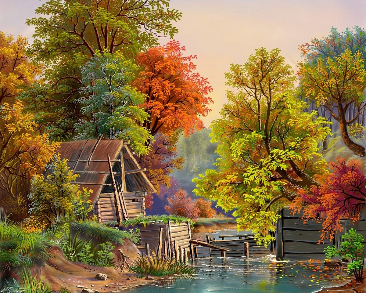 Осенний лес - лес, пейзаж, река, хижина, природа, осень, рисунок - оригинал
