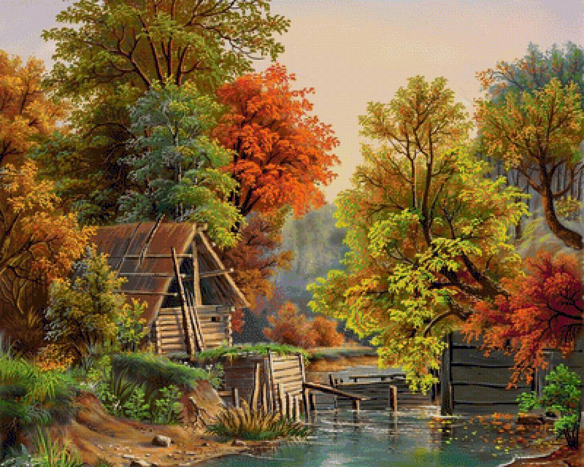 Осенний лес - река, рисунок, лес, хижина, осень, природа, пейзаж - предпросмотр