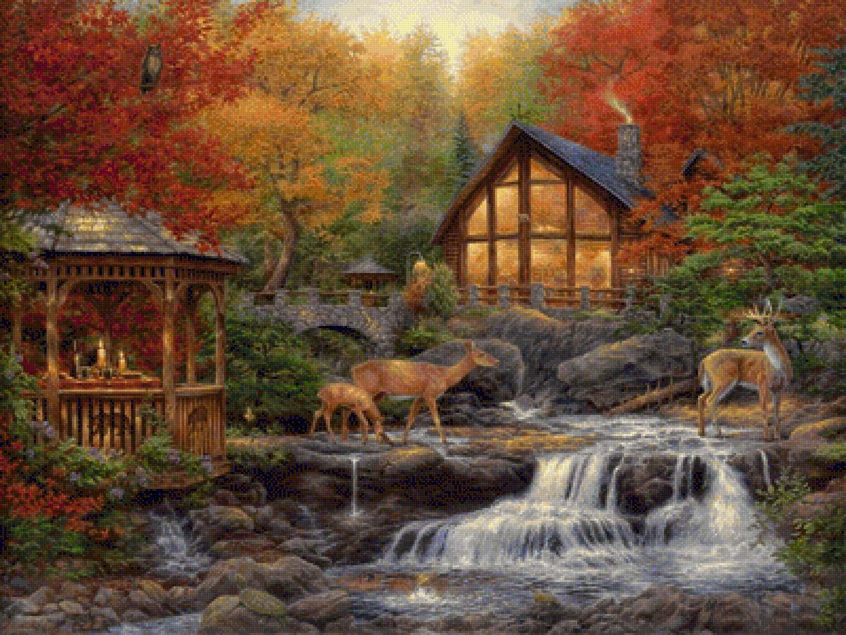 Домик в лесу - дом, лес, осень, ручей, олени, картина, природа, живопись - предпросмотр