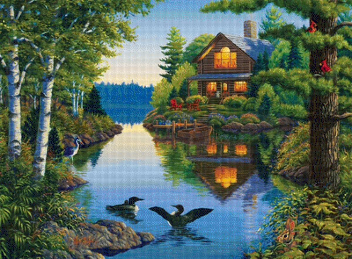 Домик в лесу - живопись, река, природа, картина, лодка, птицы, лес, дом - предпросмотр