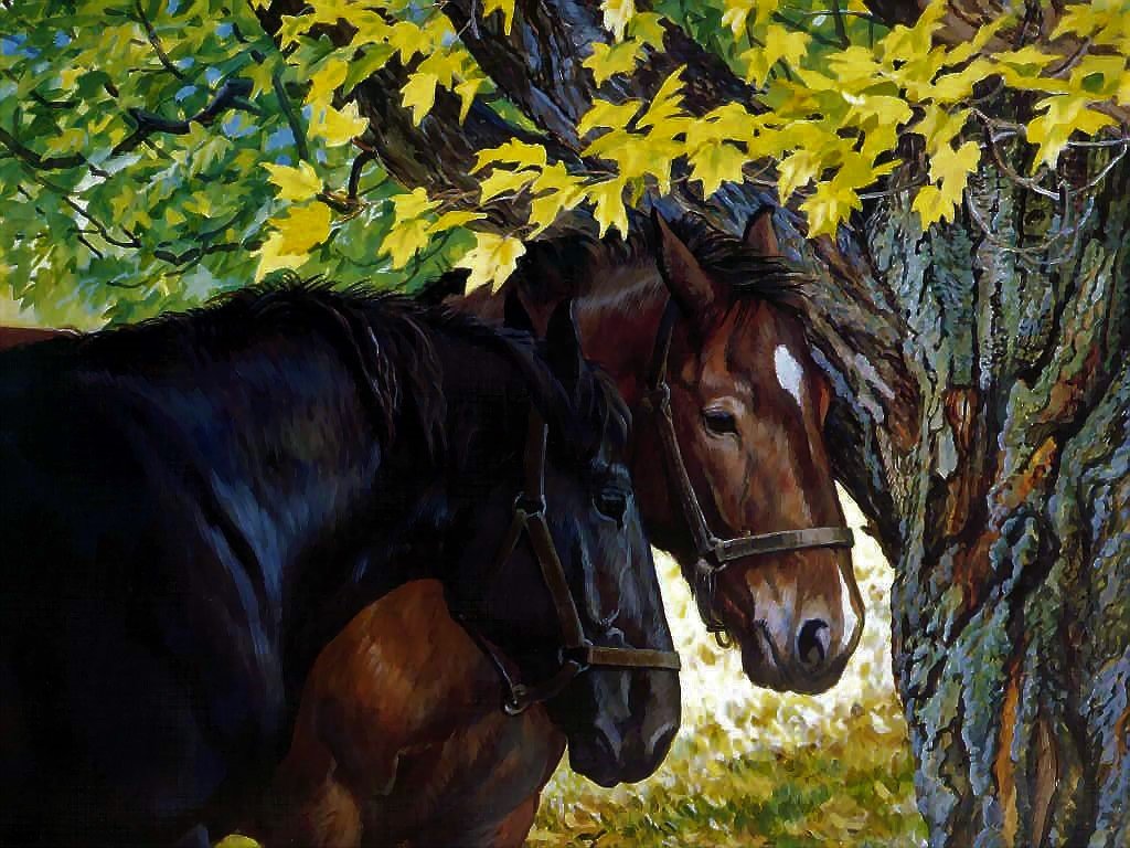 Лошади - лошади, лошадь, рисунок, дерево, природа, животные - оригинал