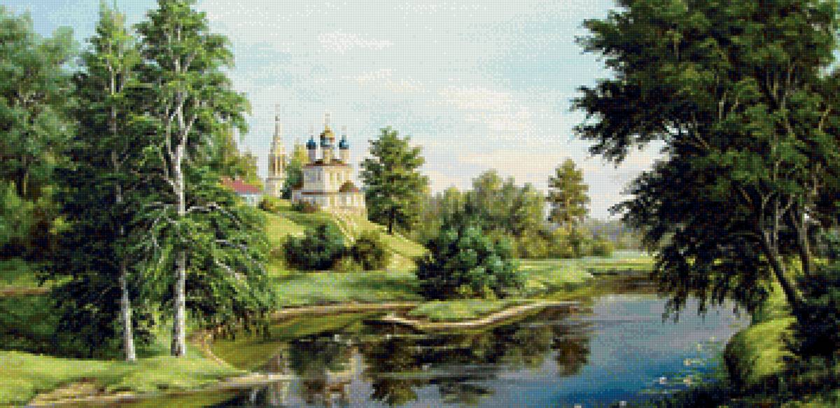 лето - лес, храм, лето, река, пейзаж, летний день - предпросмотр