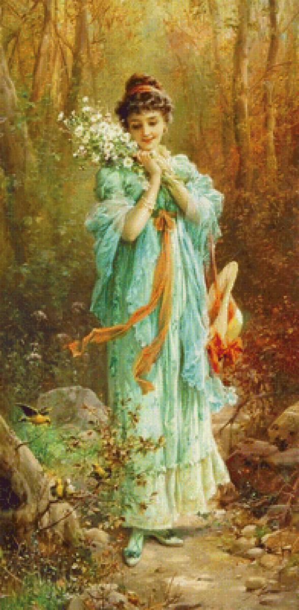 Девушка и птички. По картине Ханца Зацки - барышня, прогулка, девушка, лес, птички - предпросмотр