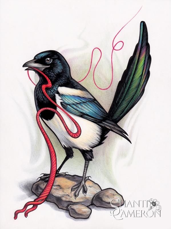 Сорока - сорока, нить, камни, красный, черно-белый - оригинал