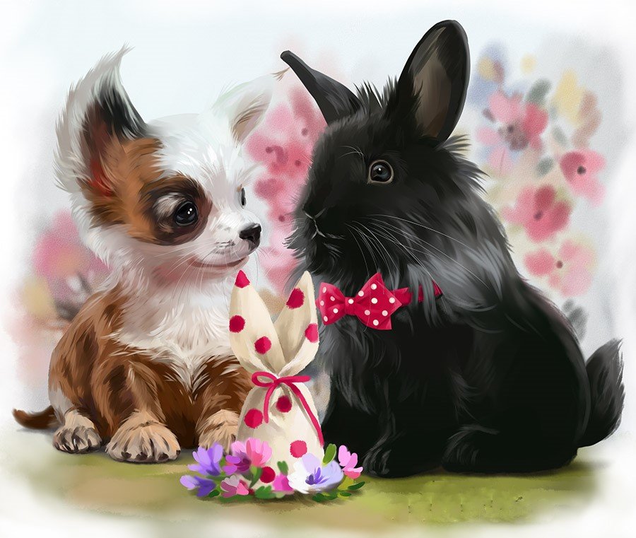 Друзья - щенок, кролик, собачка, питомец, рисунок, животные - оригинал