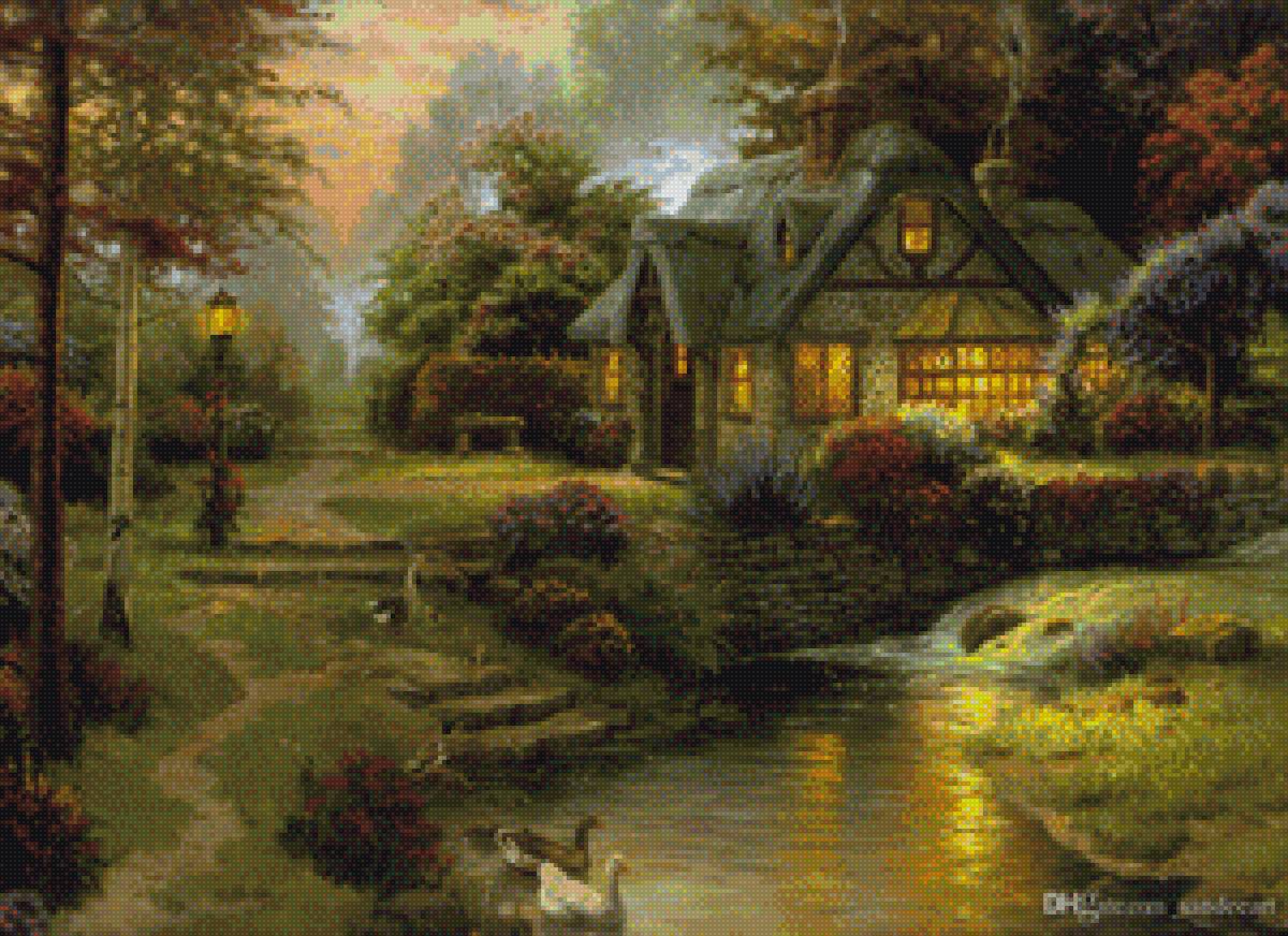 деревня - вечер, дом, озеро, лес - предпросмотр