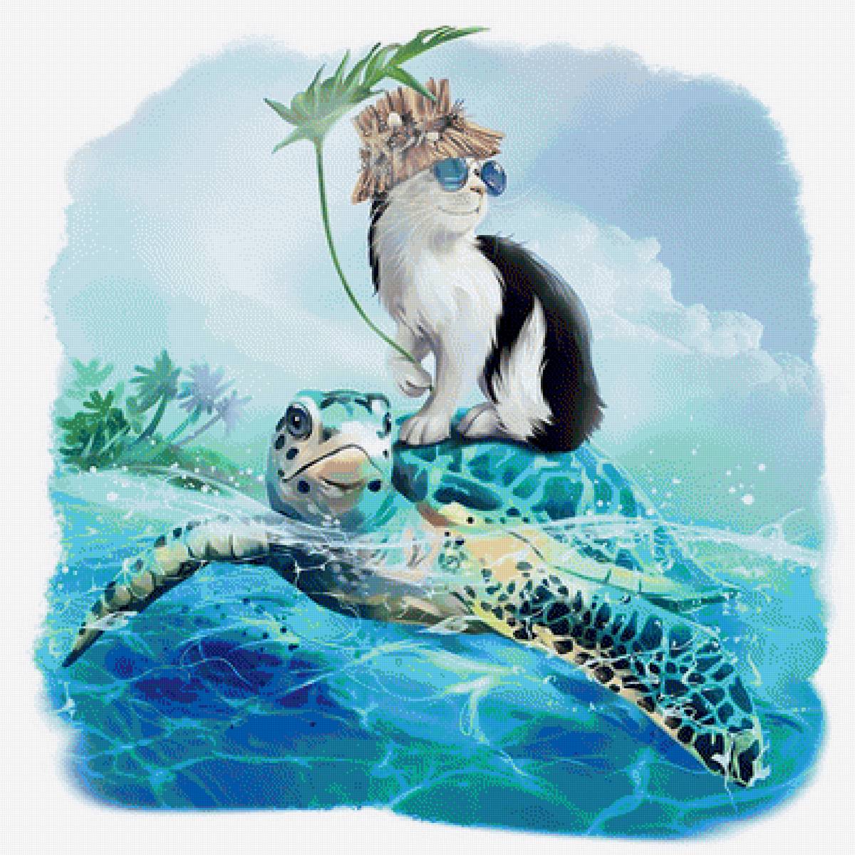 Кот и черепаха - море, животные, лето, рисунок, котик, кот, черепаха - предпросмотр