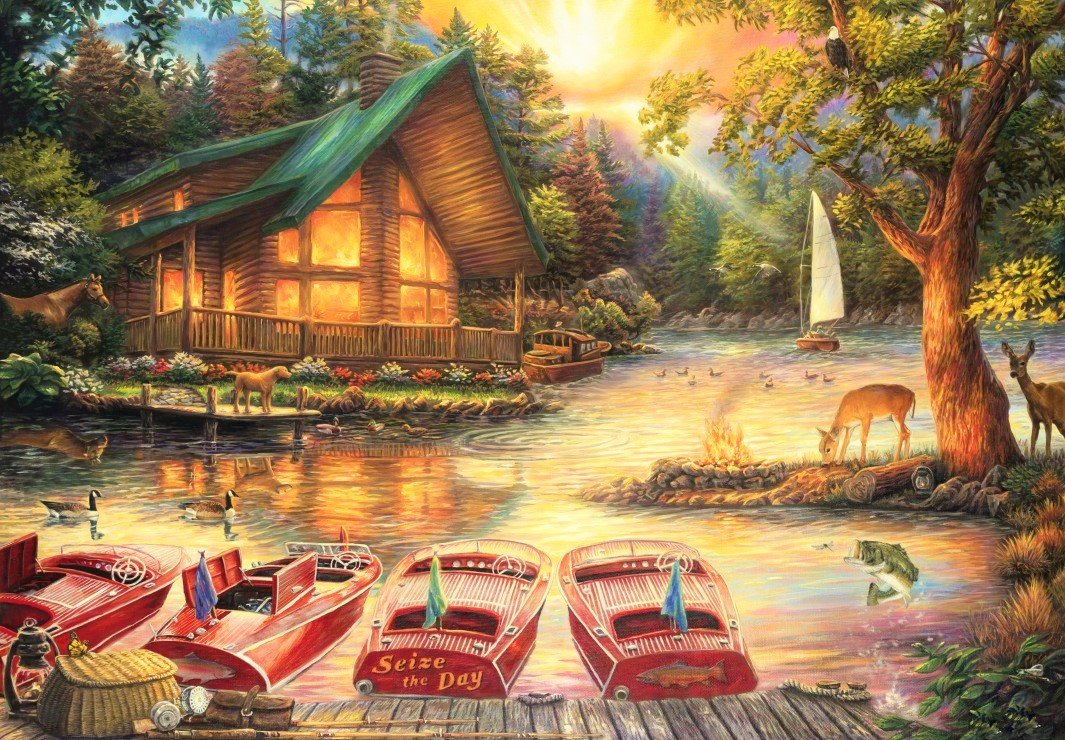 Домик в лесу - природа, лодка, живопись, лес, река, олени, картина, дом - оригинал