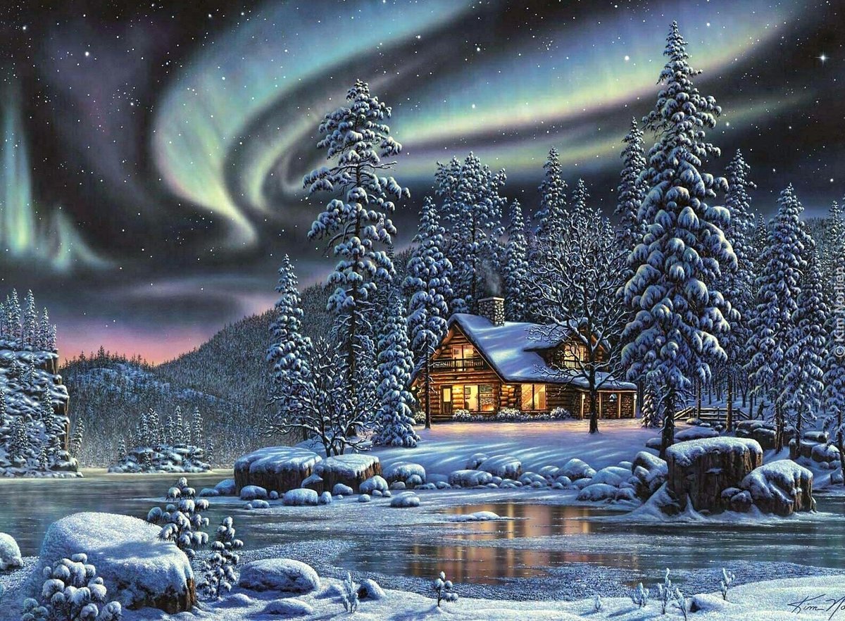 Северное сияние - ночь, зима, пейзаж, северное сияние, лес, река, снег, живопись - оригинал