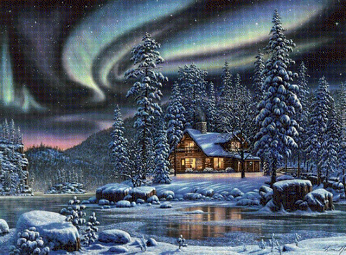 Северное сияние - северное сияние, зима, река, ночь, лес, снег, пейзаж, живопись - предпросмотр