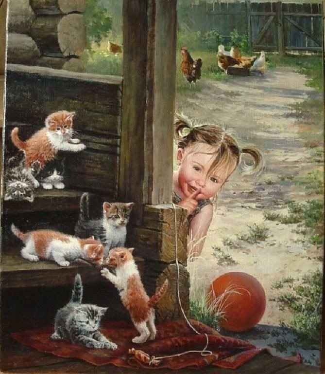 Девочка играет с котятами - кот, котята, дети - оригинал