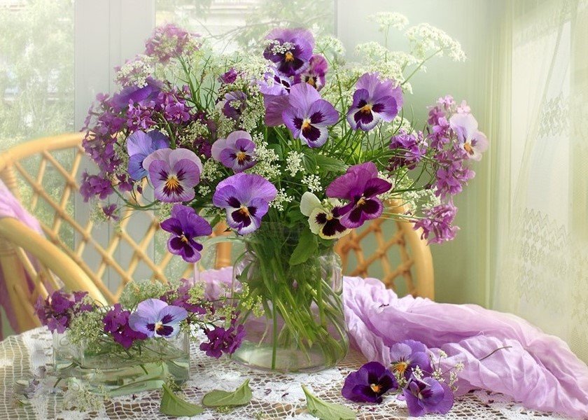 Цветы - букет, живопись, окно, цветы, натюрморт, картина - оригинал