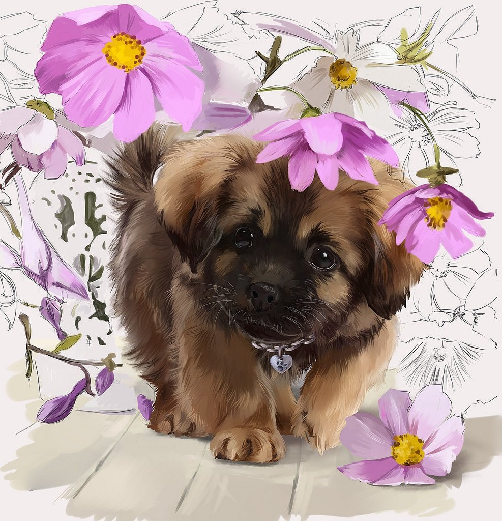 Щенок - цветы, щенок, животные, собака, рисунок - оригинал